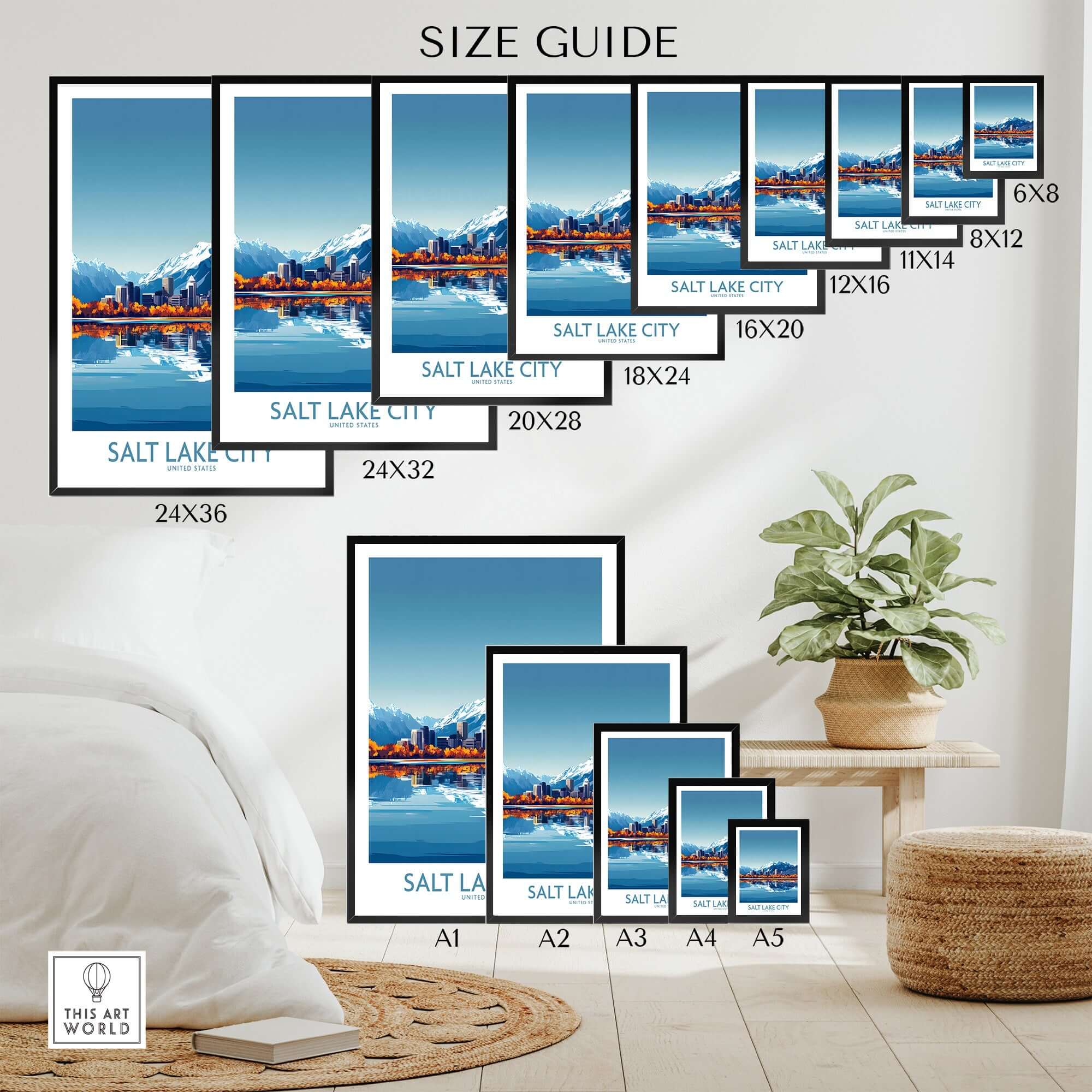 Size guide for Salt Lake City Travel Poster showcasing various frame sizes and design options.