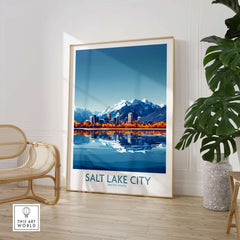 Salt Lake City Travel Poster featuring a vibrant skyline and mountains in a stylish home setting.