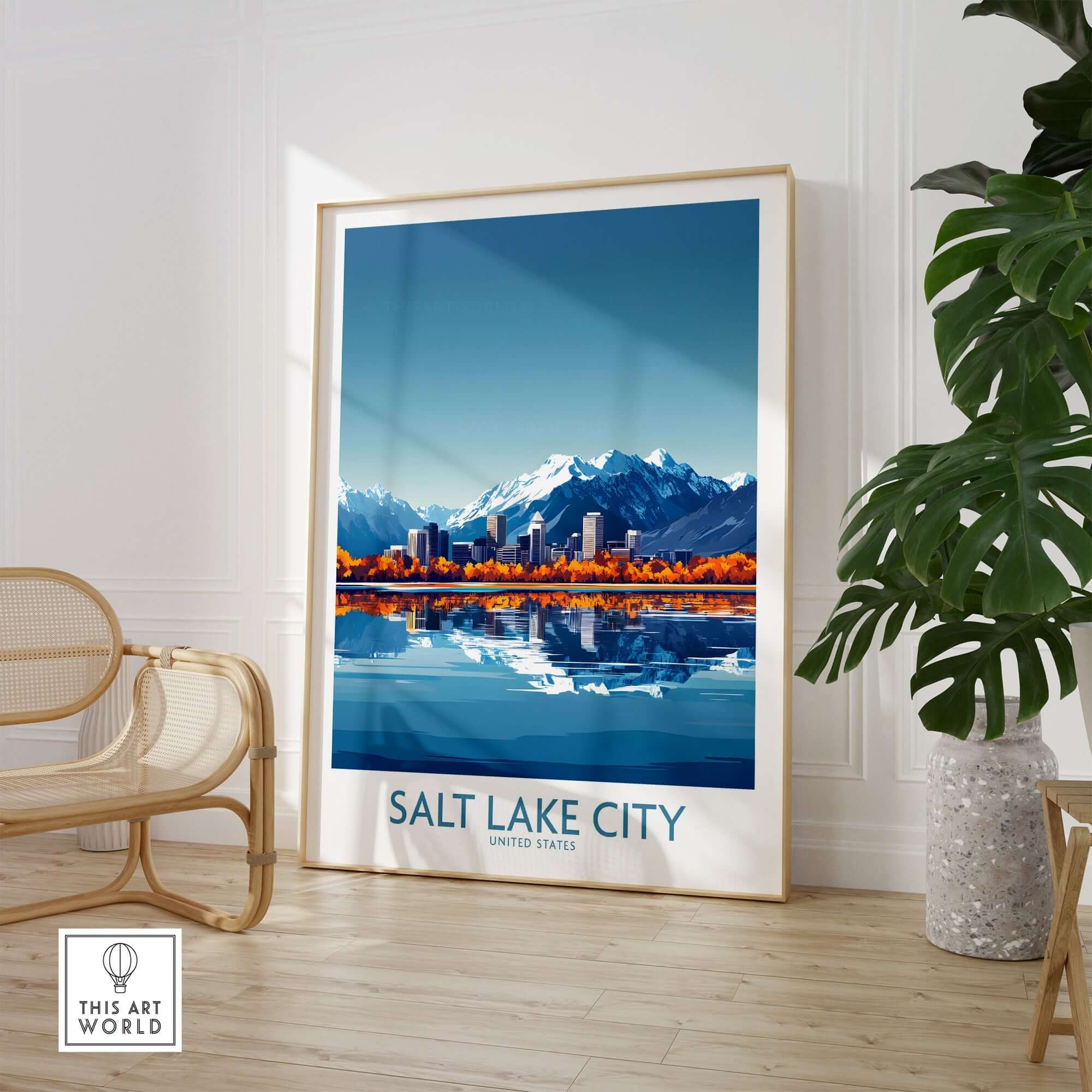 Salt Lake City Travel Poster featuring a vibrant skyline and mountains in a stylish home setting.