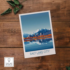 Salt Lake City Travel Poster featuring a stunning skyline and mountains reflection on water.