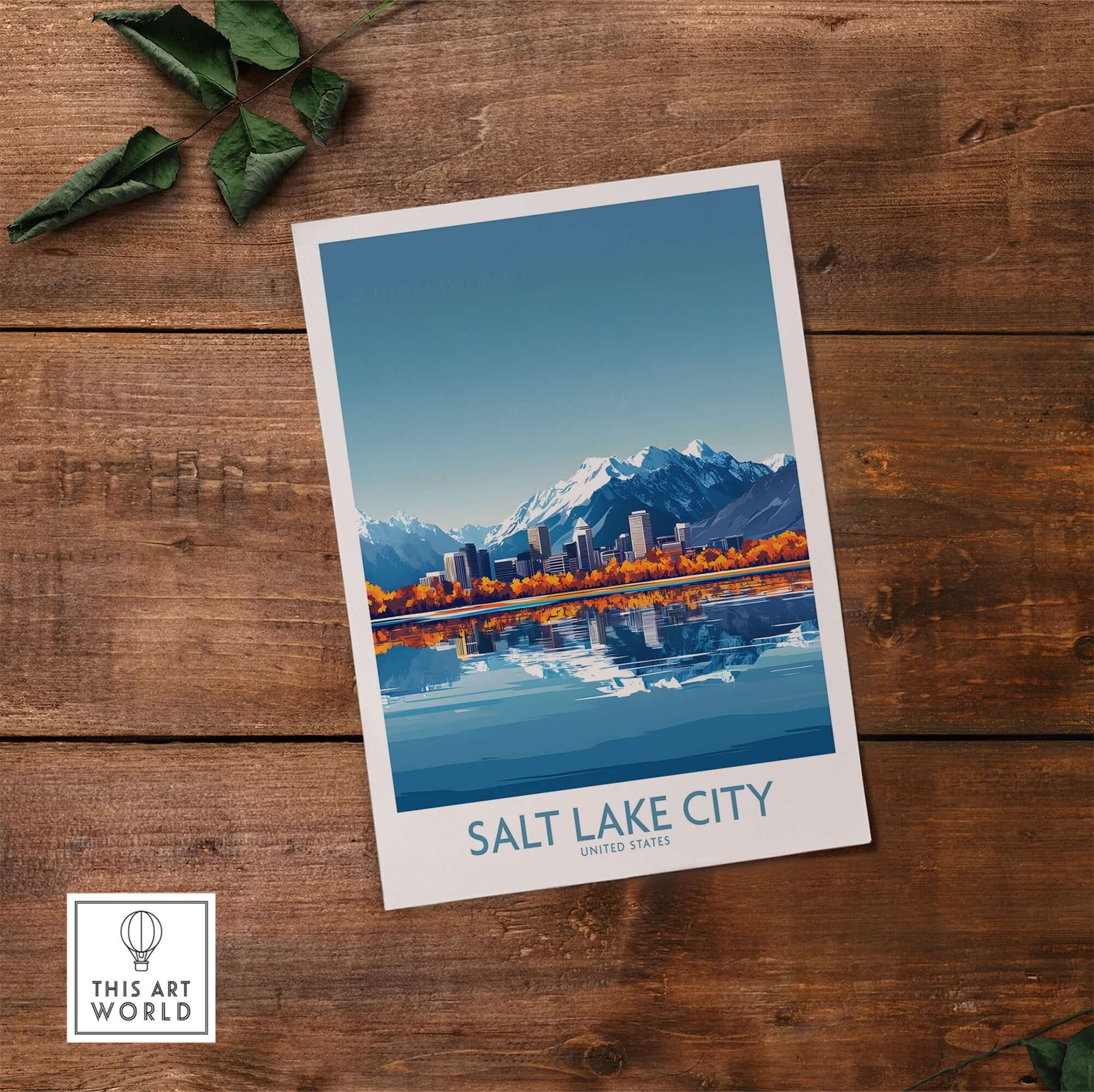 Salt Lake City Travel Poster featuring a stunning skyline and mountains reflection on water.