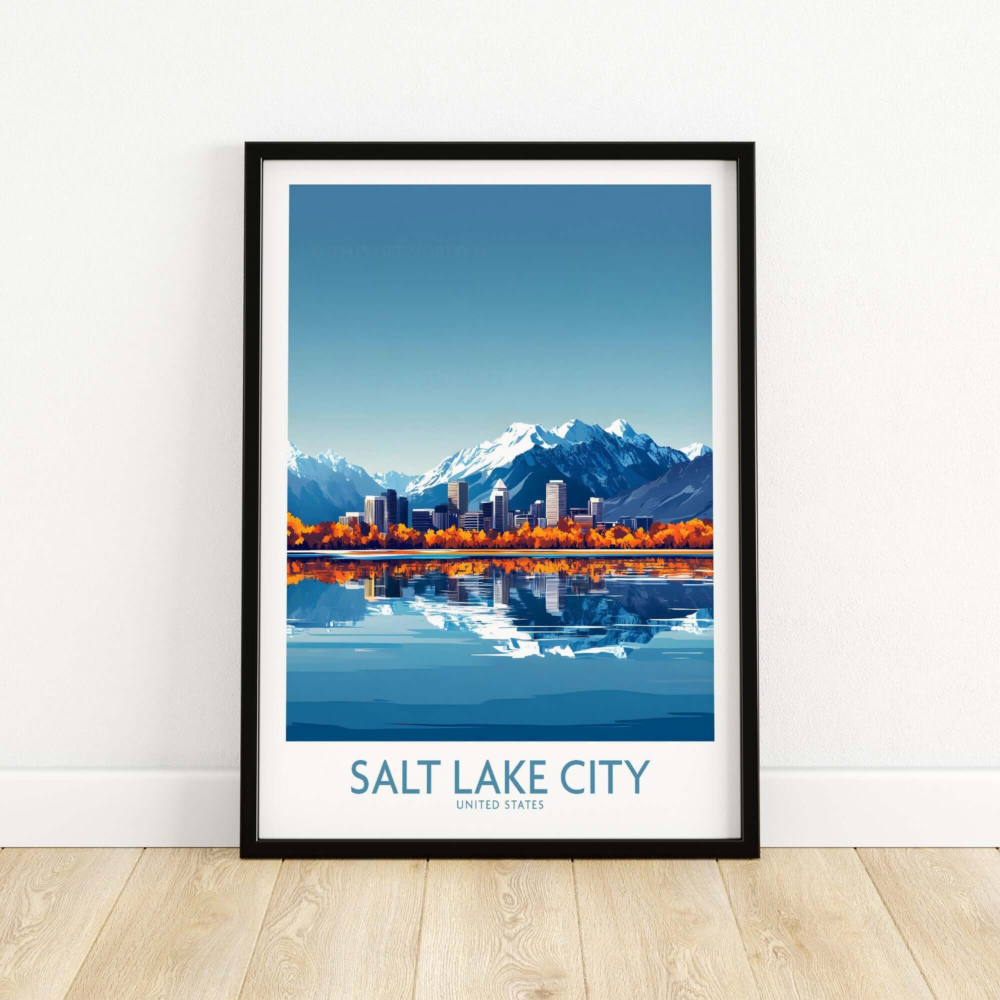 Salt Lake City Travel Poster featuring a stunning skyline and mountain backdrop.