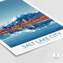 Salt Lake City Travel Poster featuring the skyline and mountains reflecting in the water.