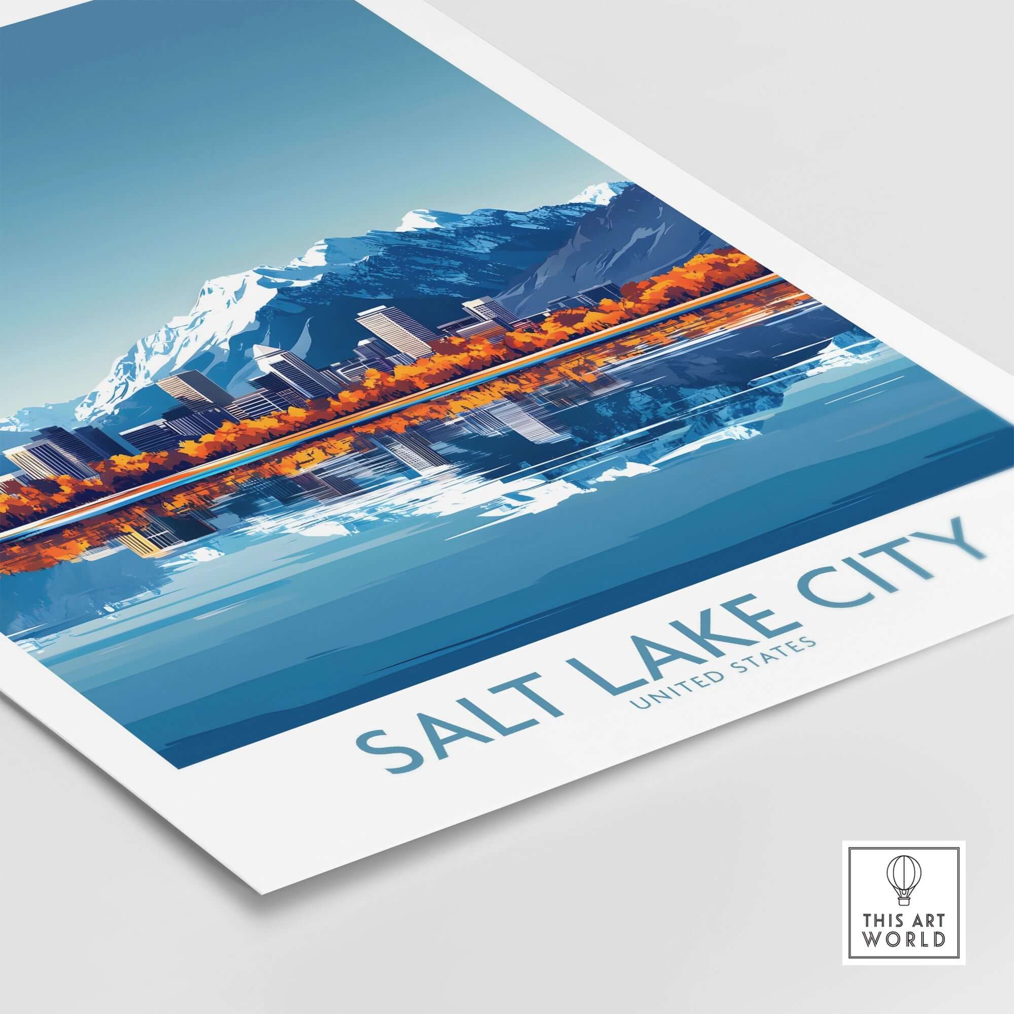 Salt Lake City Travel Poster featuring the skyline and mountains reflecting in the water.