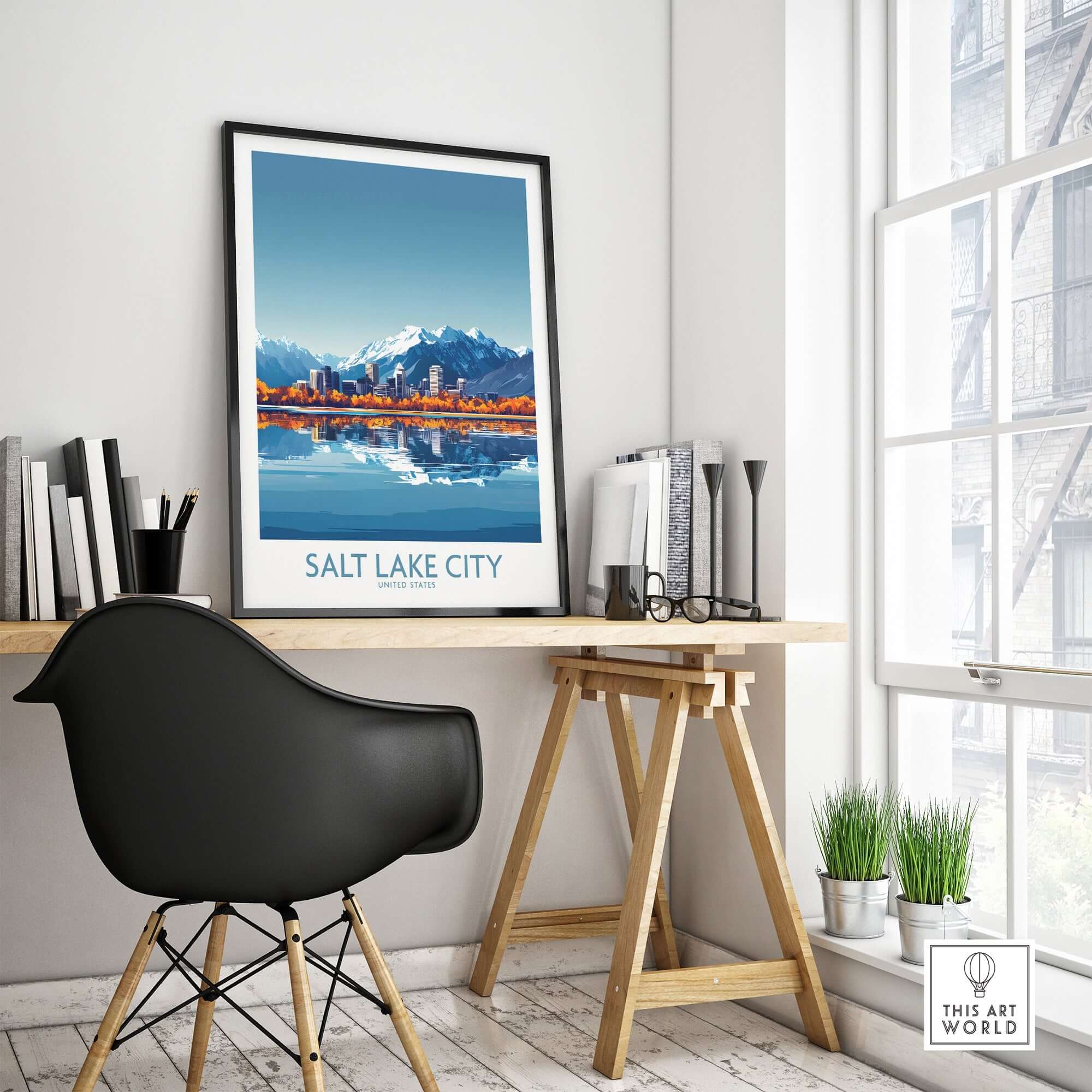 Salt Lake City Travel Poster showcasing a skyline view in a cozy home office setting.
