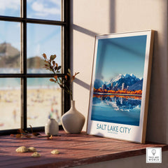 Salt Lake City Travel Poster featuring a vibrant skyline and mountains in a cozy interior setting.