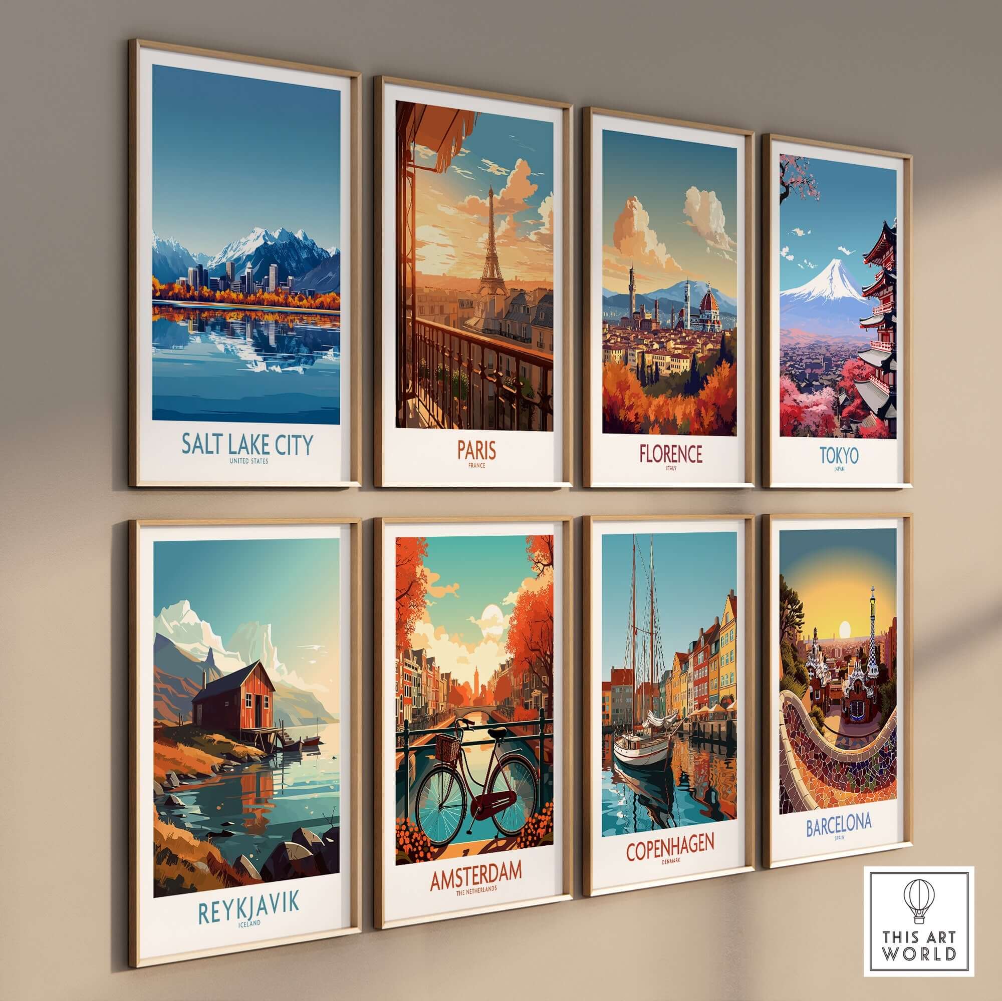 Salt Lake City Travel Poster featuring a stunning skyline alongside other iconic city travel posters.