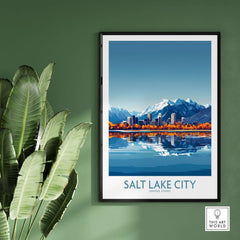 Salt Lake City Travel Poster featuring a vibrant skyline and mountains, ideal for home decor.