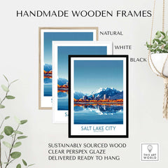 Salt Lake City Travel Poster displayed in handmade wooden frames in natural, white, and black colors.