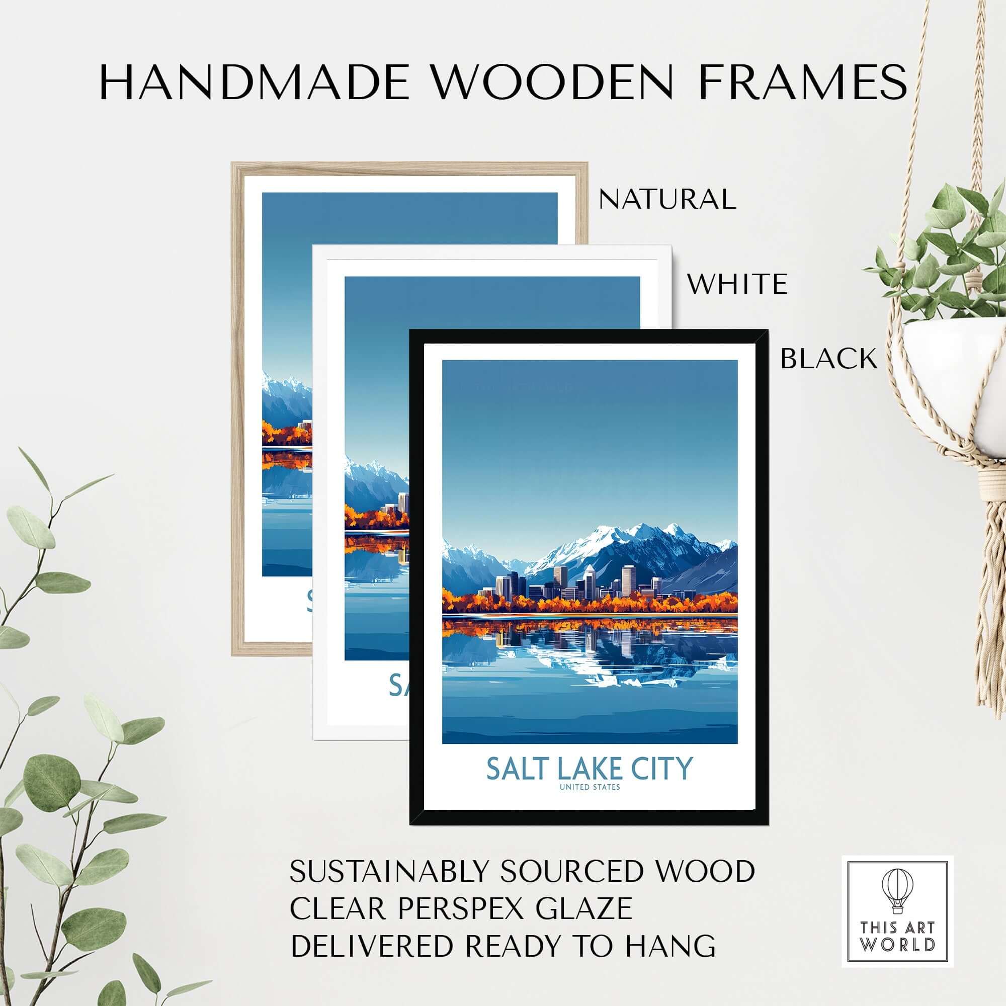 Salt Lake City Travel Poster displayed in handmade wooden frames in natural, white, and black colors.