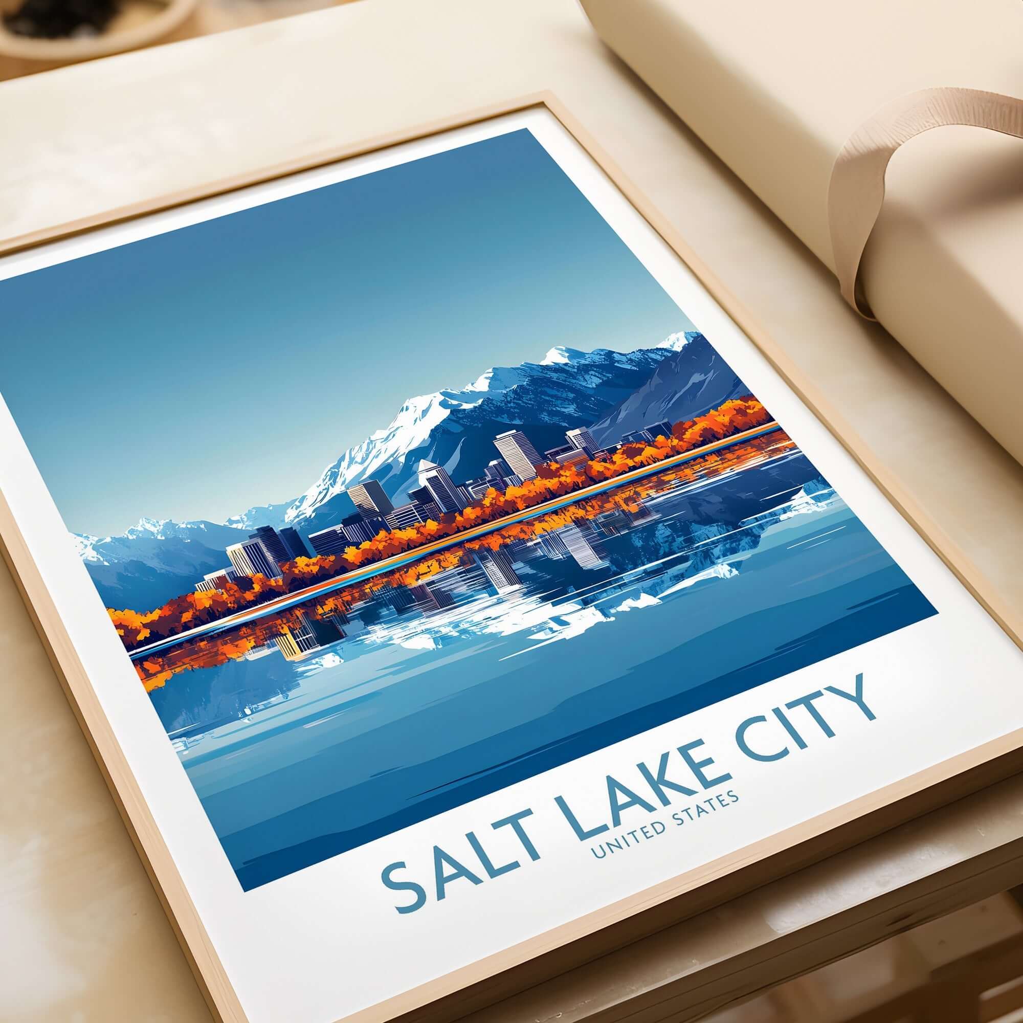 Salt Lake City Travel Poster showcasing the city skyline and mountains in vibrant colors.