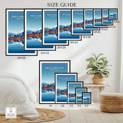 Size guide for Salt Lake City Travel Print with various frame sizes and designs.