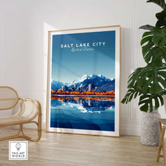 Salt Lake City Travel Print showcasing mountains and city skyline reflecting on water in vibrant colors.