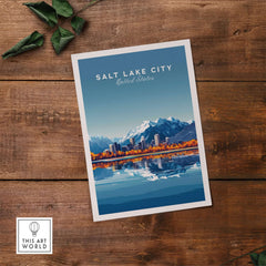 Salt Lake City Travel Print showcasing stunning mountains and city reflecting in water, perfect for decor.
