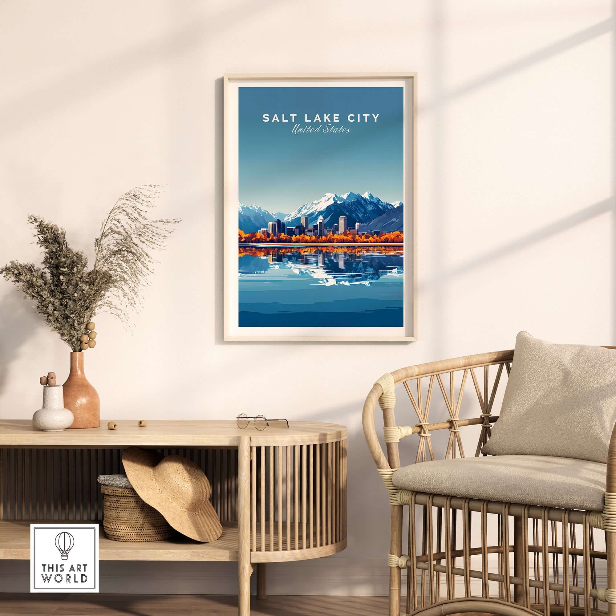 Salt Lake City Travel Print showcasing the mountains and skyline of Salt Lake City in a vibrant home setting.