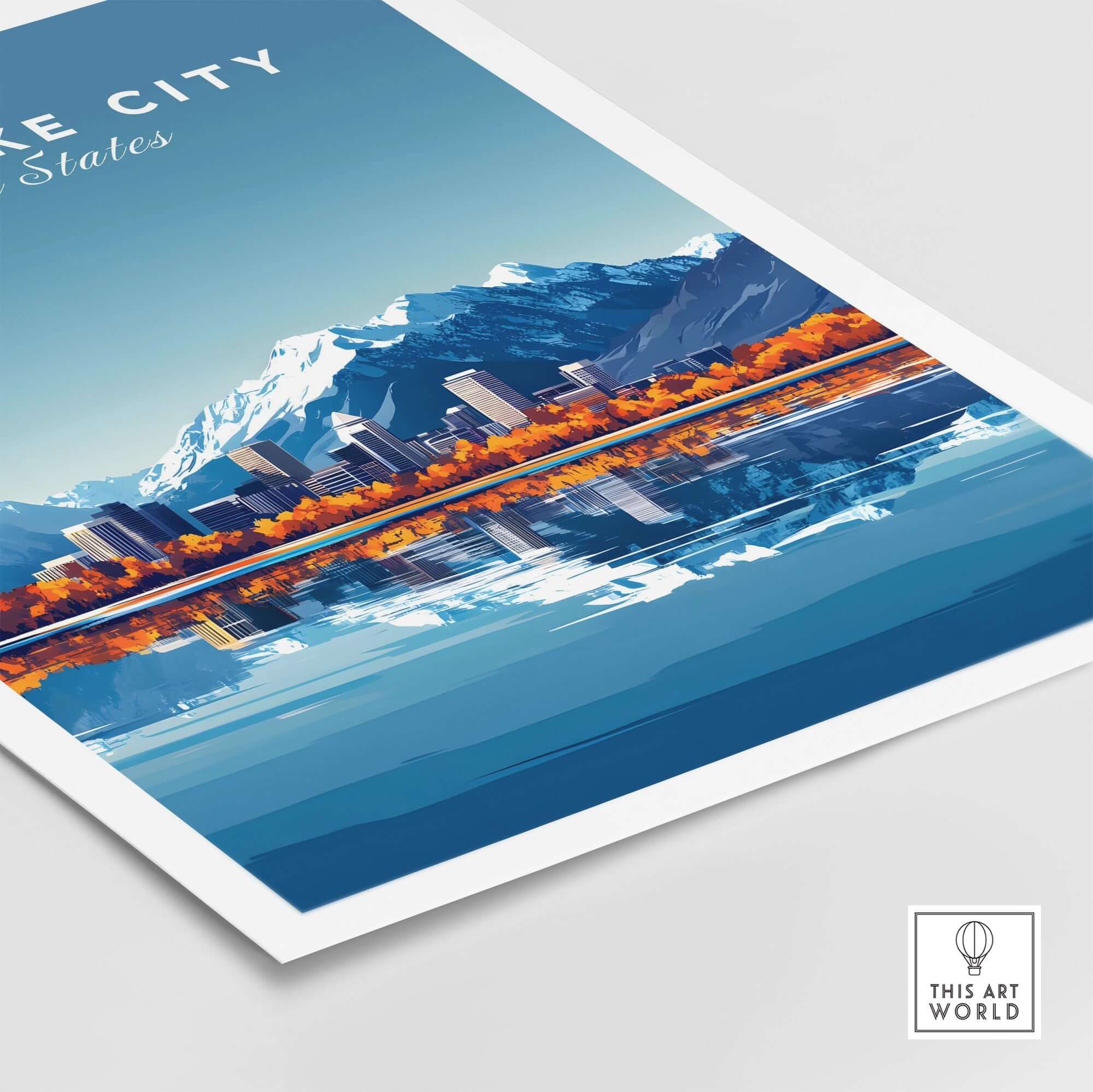 Salt Lake City Travel Print featuring iconic skyline and mountains reflecting on water.