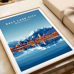 Salt Lake City Travel Print showcasing vibrant landscape and iconic skyline in framed art.