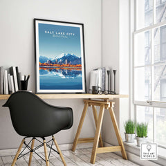 Salt Lake City Travel Print featuring iconic landmarks and landscapes in a modern home setting.