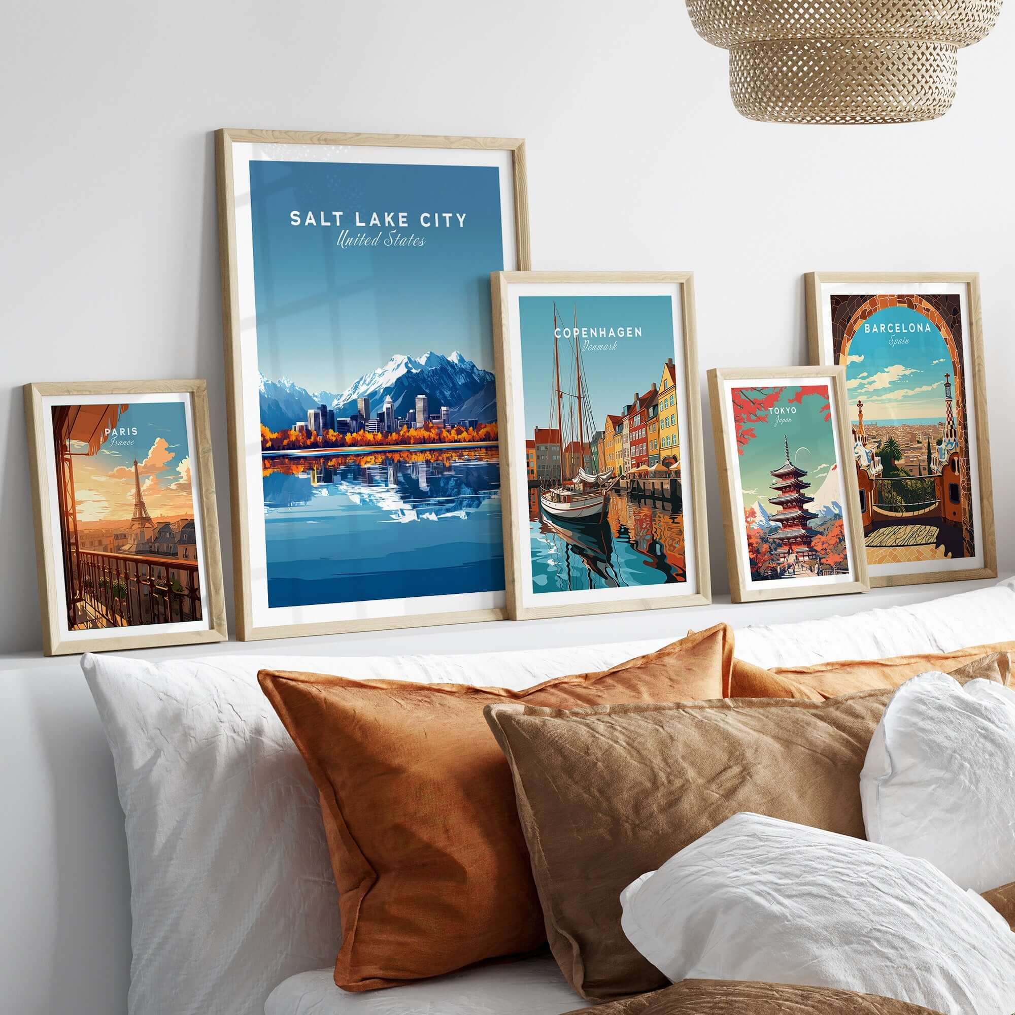 Framed Salt Lake City Travel Print and other travel prints on a stylish bedroom wall for home decor.