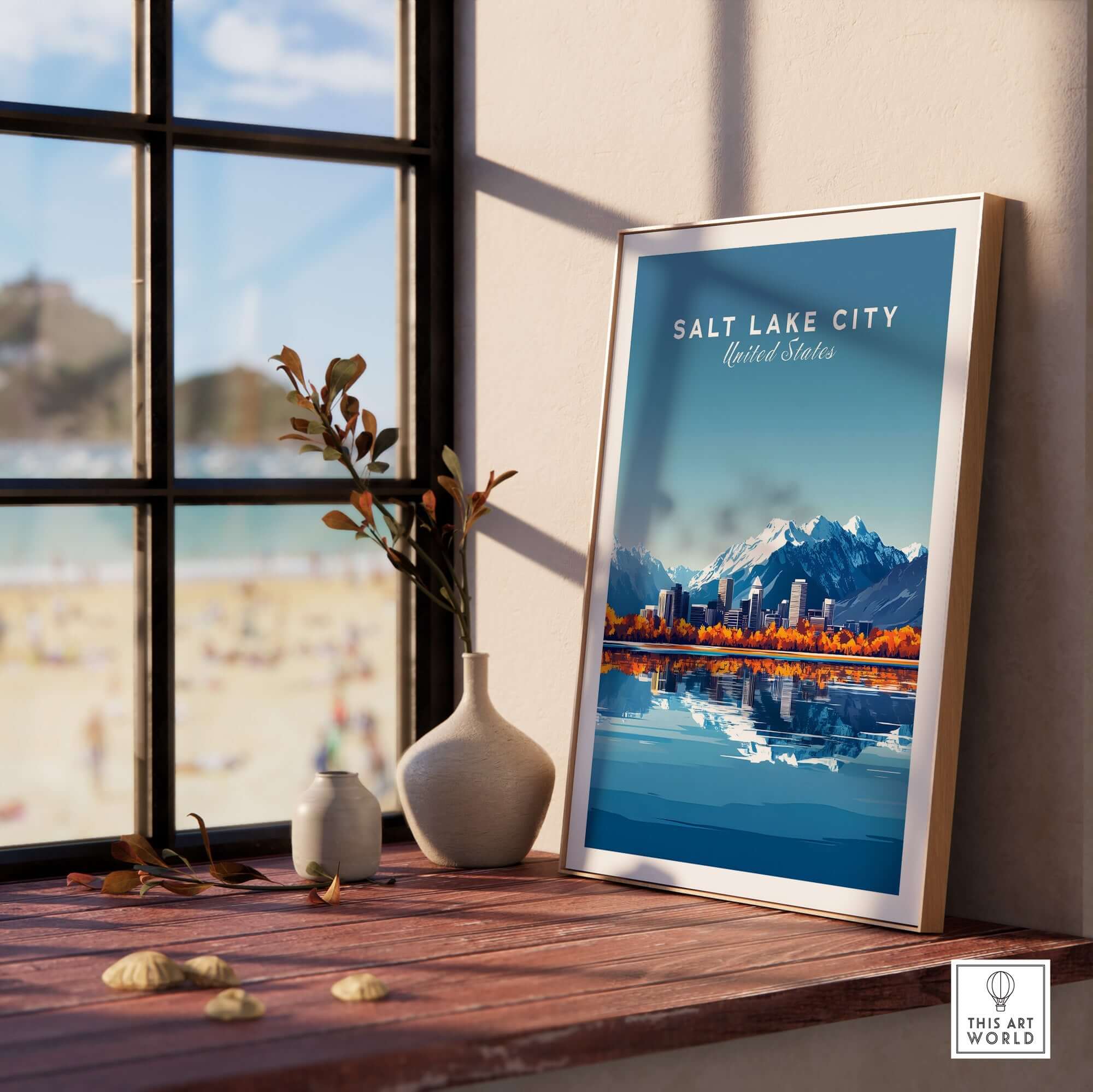 Salt Lake City Travel Print featuring stunning mountains and cityscape decor
