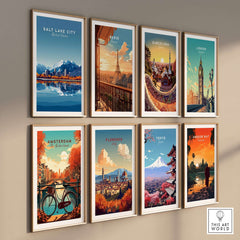 Salt Lake City Travel Print featuring iconic landmarks and colorful scenery in a vibrant wall art display.