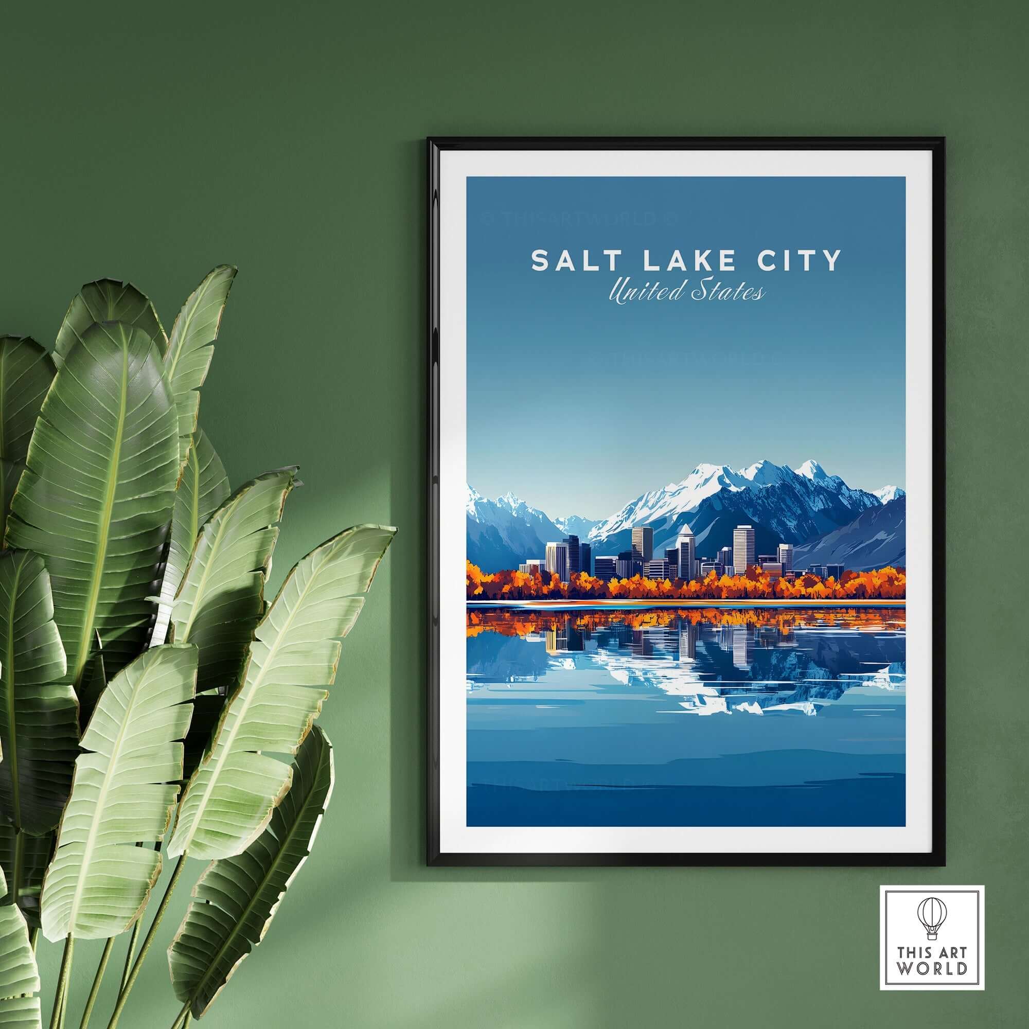 Salt Lake City Travel Print featuring mountains and city skyline in vibrant colors.