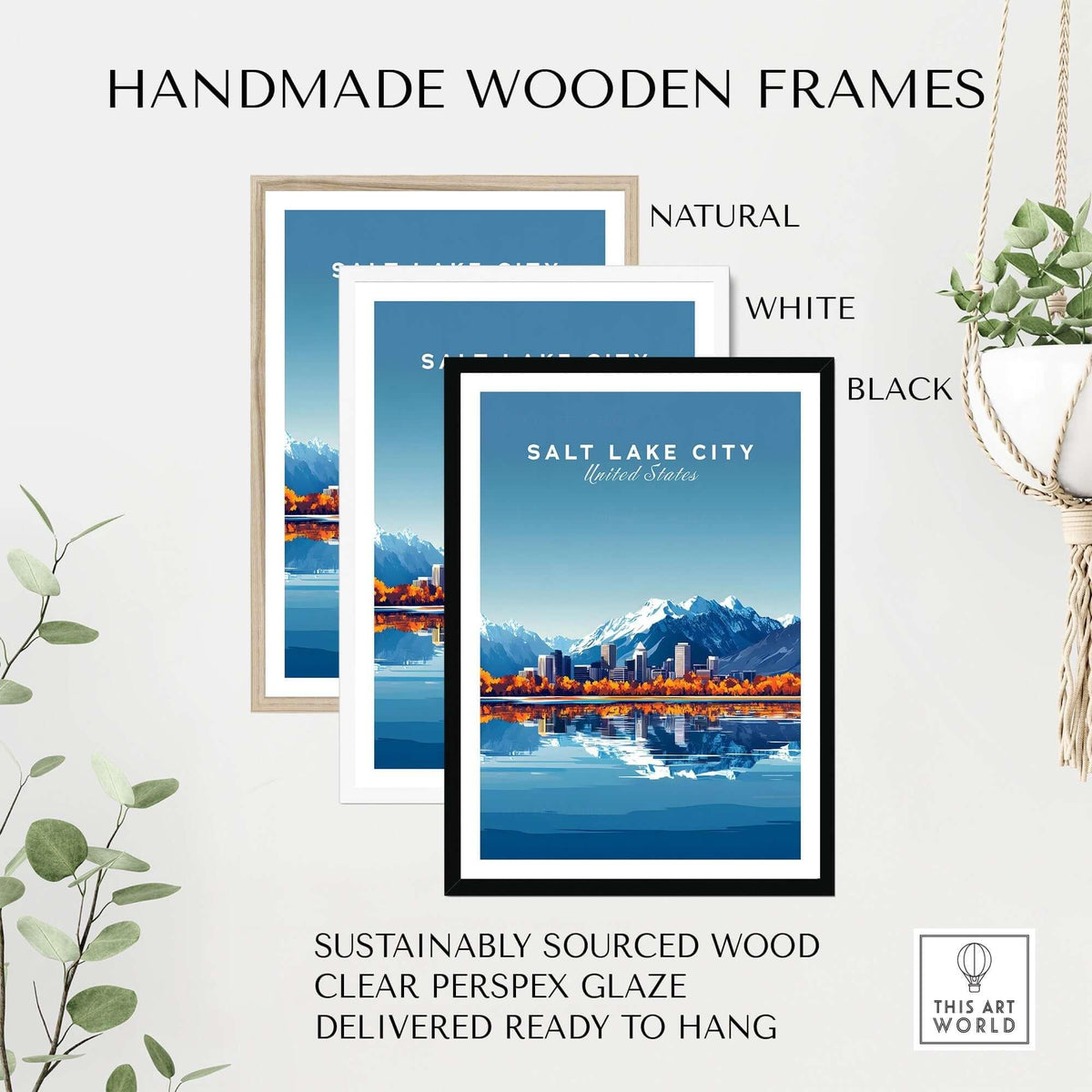 Salt Lake City Travel Print displayed in handmade wooden frames, showcasing vibrant colors and iconic landmarks.