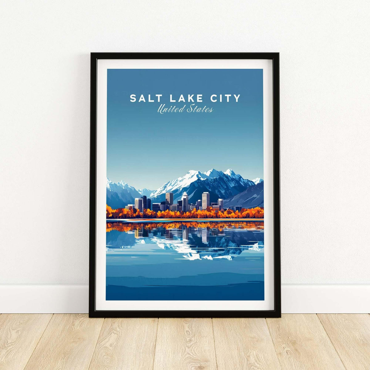 Salt Lake City Travel Print showcasing vibrant skyline and mountains reflecting on water for home decor.
