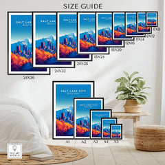 Size guide for Salt Lake City Wall Art posters in various dimensions and frames.