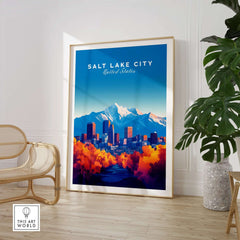 Salt Lake City Wall Art featuring a colorful depiction of the city's skyline and mountains in a modern interior setting.