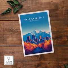 Salt Lake City Wall Art featuring vibrant city skyline and mountains in autumn colors.