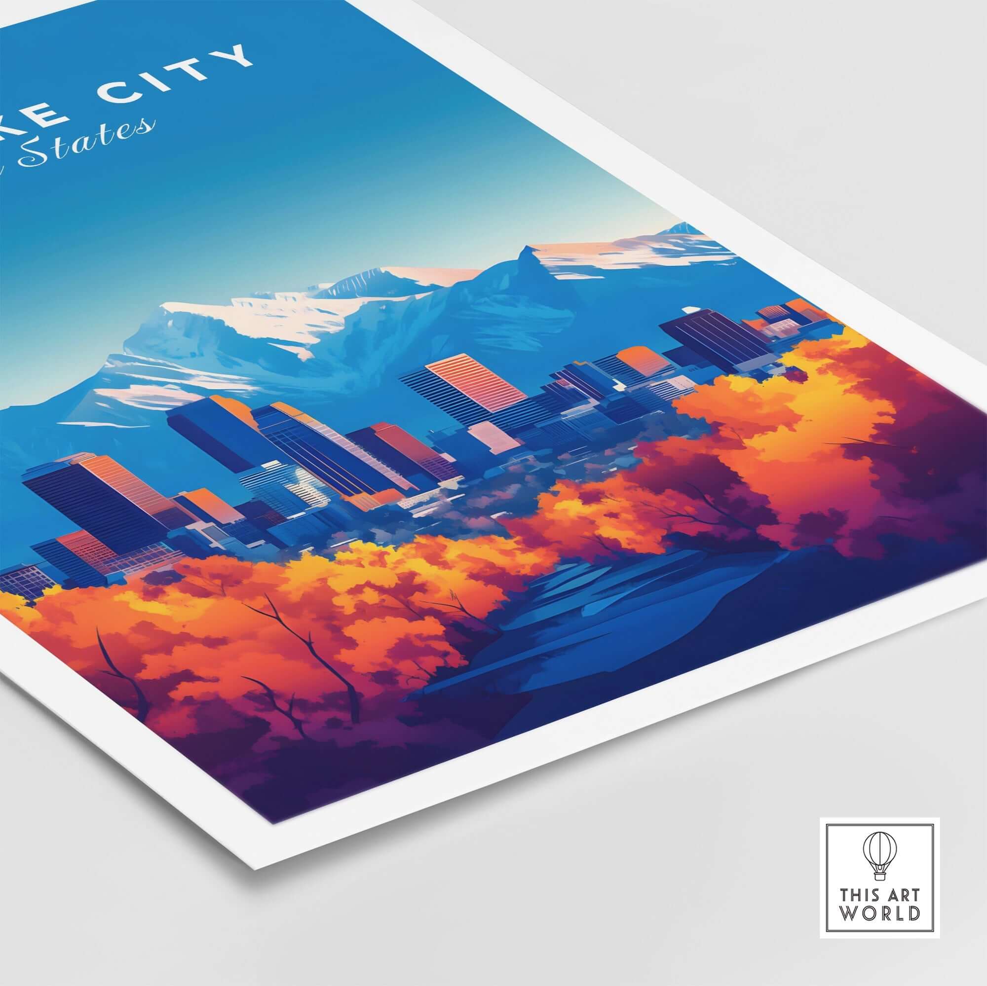 Salt Lake City Wall Art featuring vibrant city skyline and mountain backdrop in autumn colors.