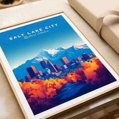 Salt Lake City Wall Art showcasing a vibrant skyline and mountains, perfect for home or office decoration.
