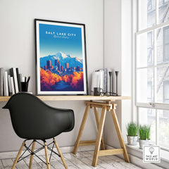 Salt Lake City Wall Art featuring a stunning mountain landscape and vibrant city skyline.