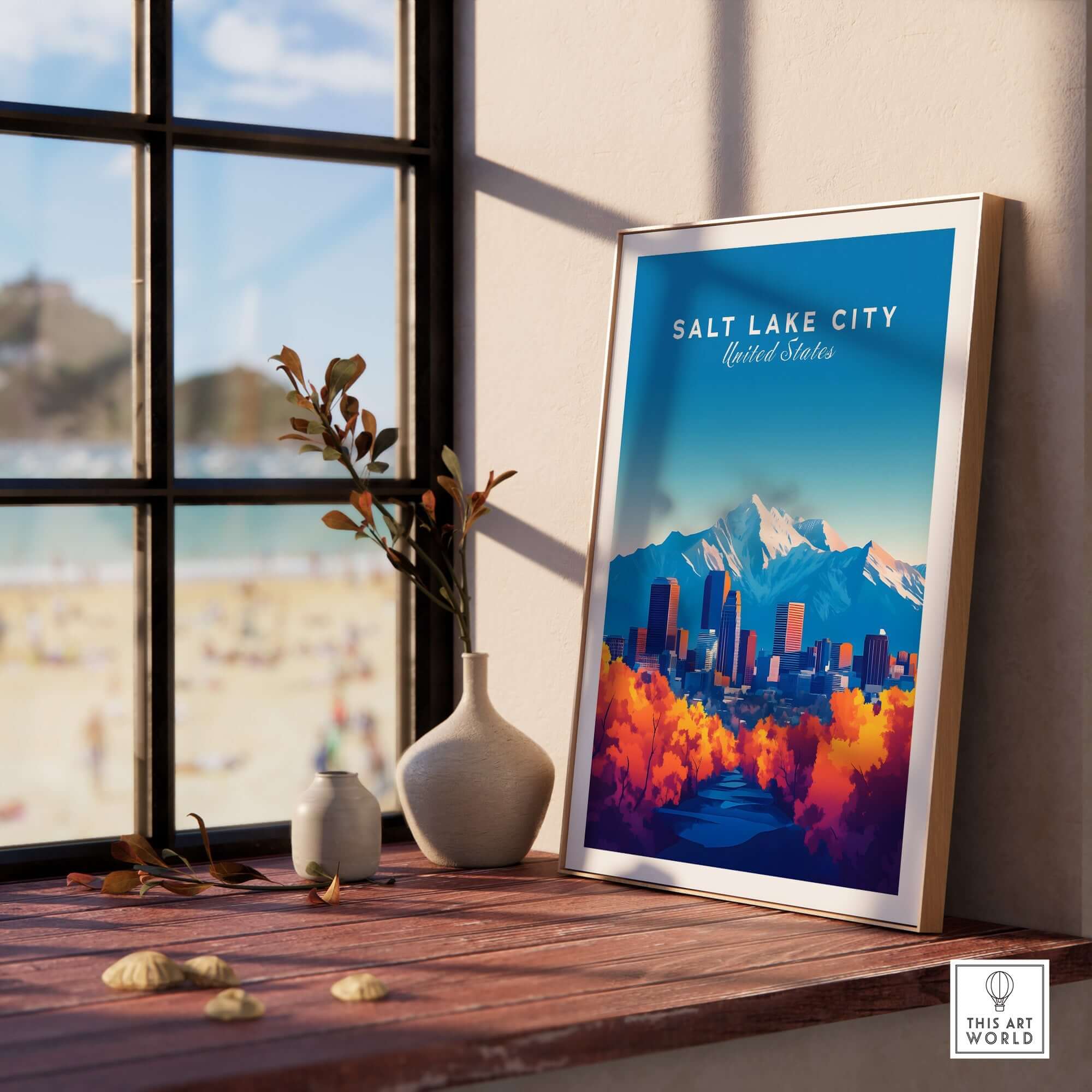 Salt Lake City Wall Art featuring a vibrant skyline and mountains, perfect for home decor.