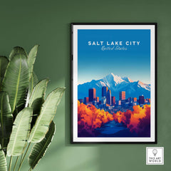 Salt Lake City Wall Art featuring vibrant mountains and cityscape in a modern frame.
