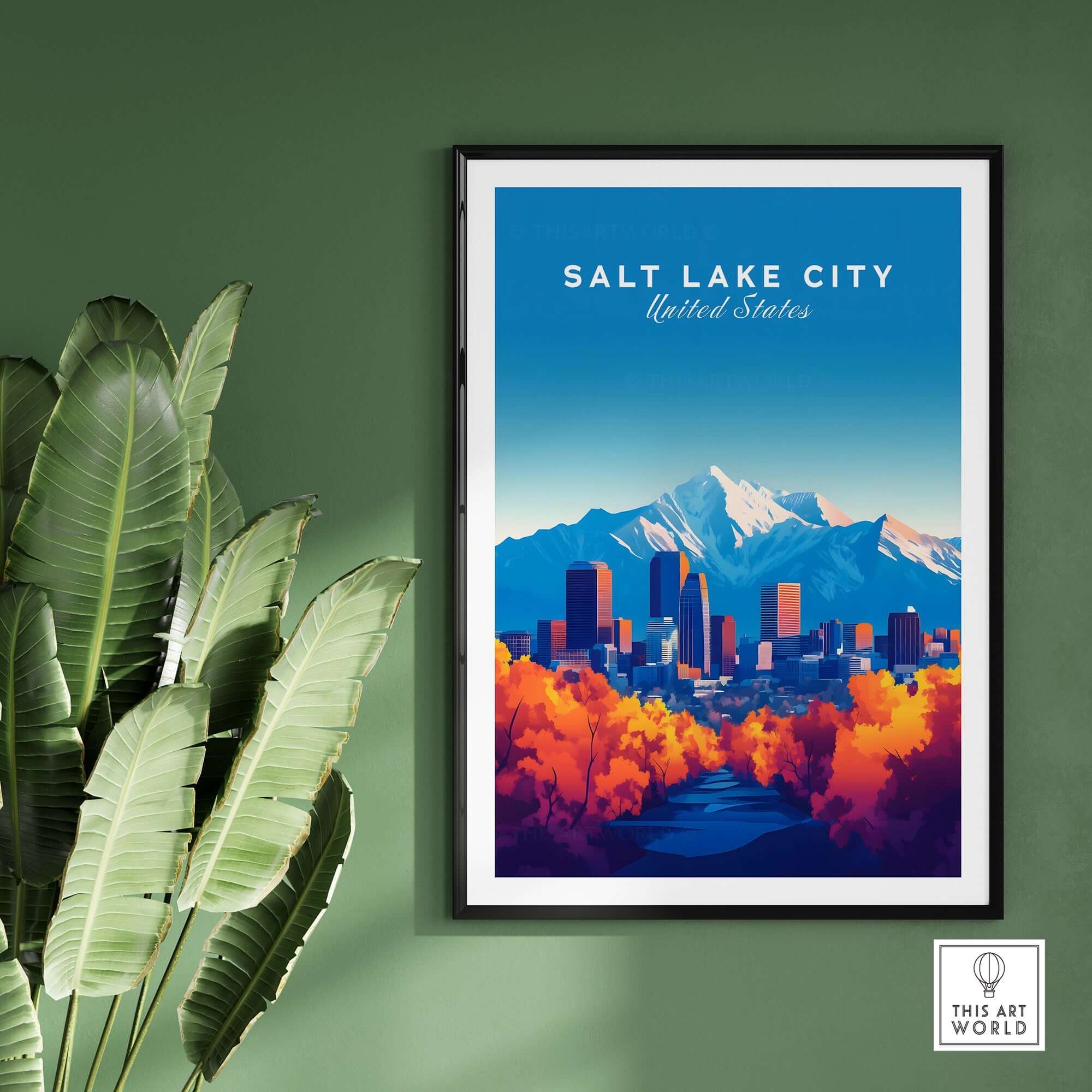 Salt Lake City Wall Art featuring vibrant mountains and cityscape in a modern frame.