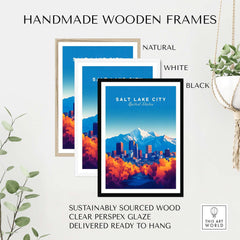 Salt Lake City Wall Art framed in natural, white, and black handmade wooden frames.