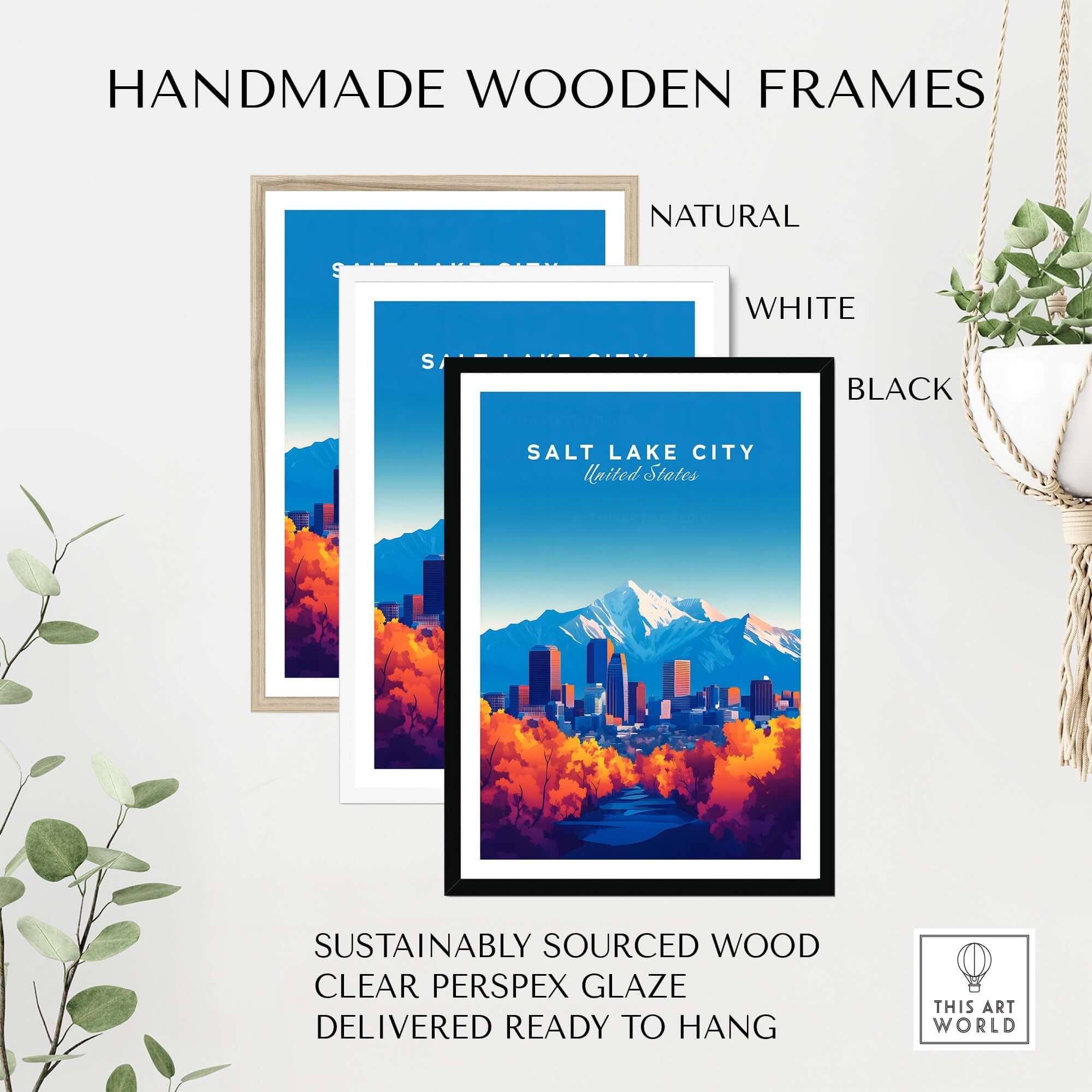 Salt Lake City Wall Art framed in natural, white, and black handmade wooden frames.
