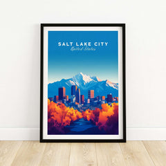 Salt Lake City Wall Art featuring vibrant cityscape and mountains, perfect for home decor.