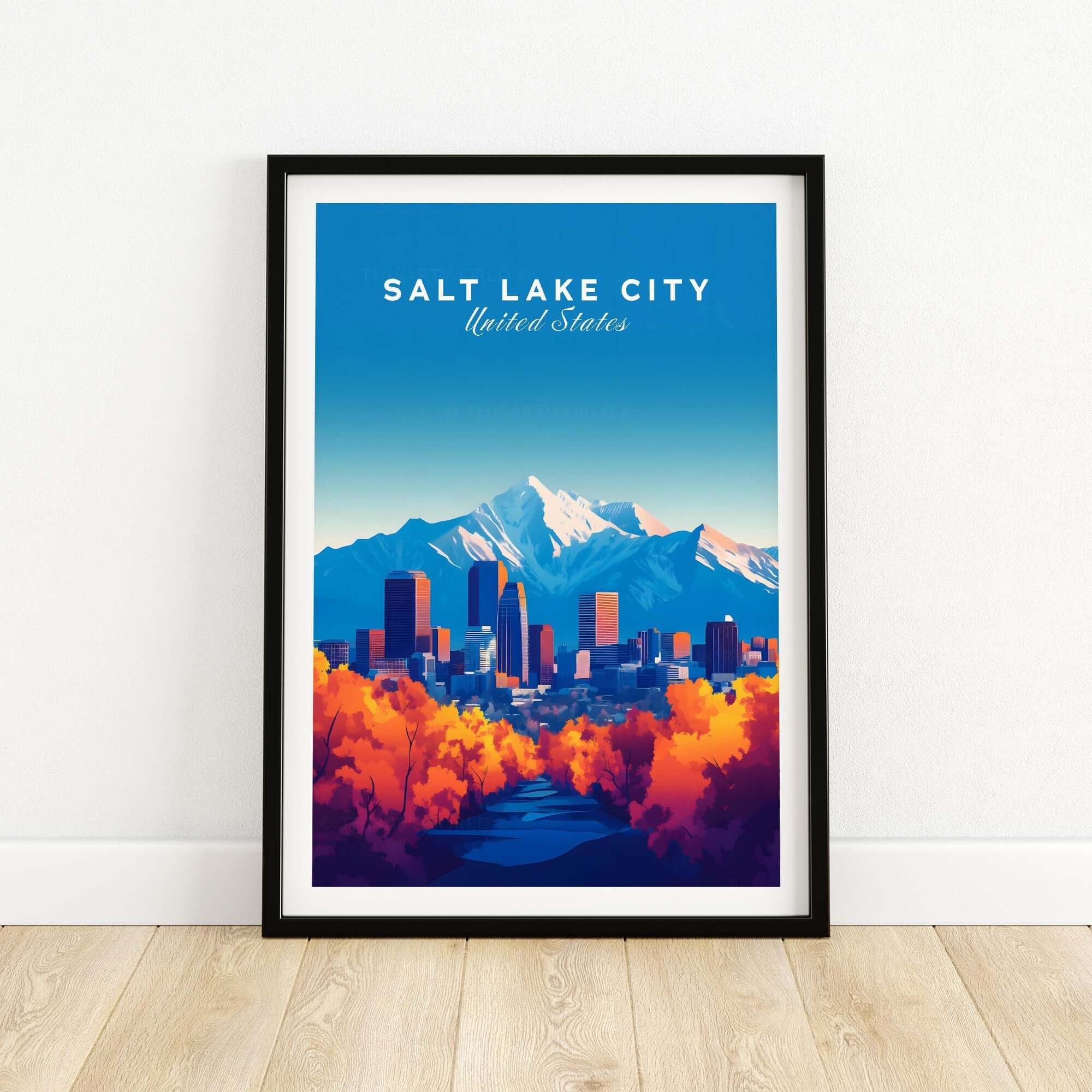 Salt Lake City Wall Art featuring vibrant cityscape and mountains, perfect for home decor.