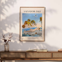 Salvador Dali Dream Caused by the Flight of a Bee Pomegranate Surrealism Art Print Poster Tigers displayed on a wall.