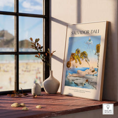 Salvador Dali Dream Caused by the Flight of a Bee Pomegranate Surrealism Art Print Poster Tigers displayed on a windowsill.