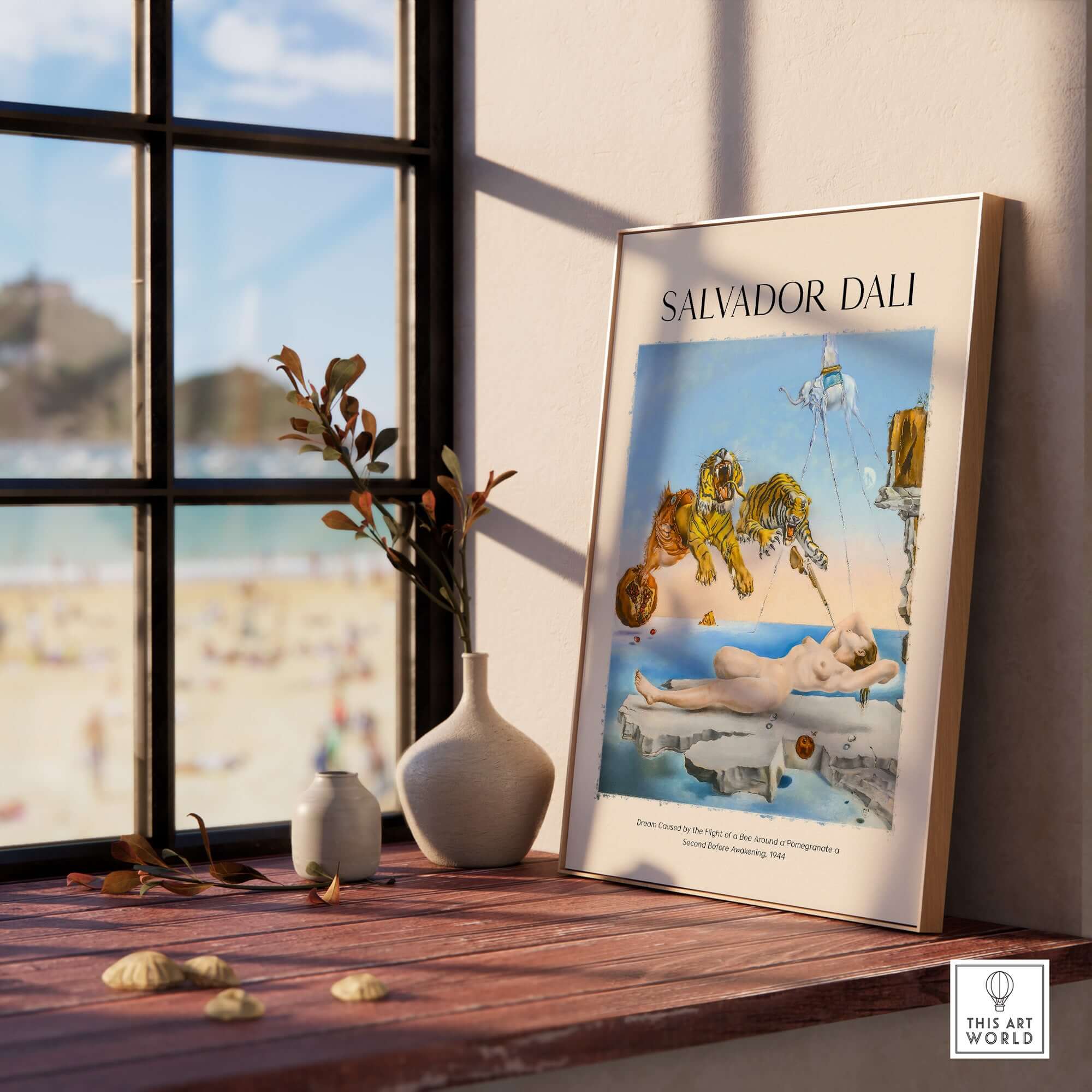 Salvador Dali Dream Caused by the Flight of a Bee Pomegranate Surrealism Art Print Poster Tigers displayed on a windowsill.