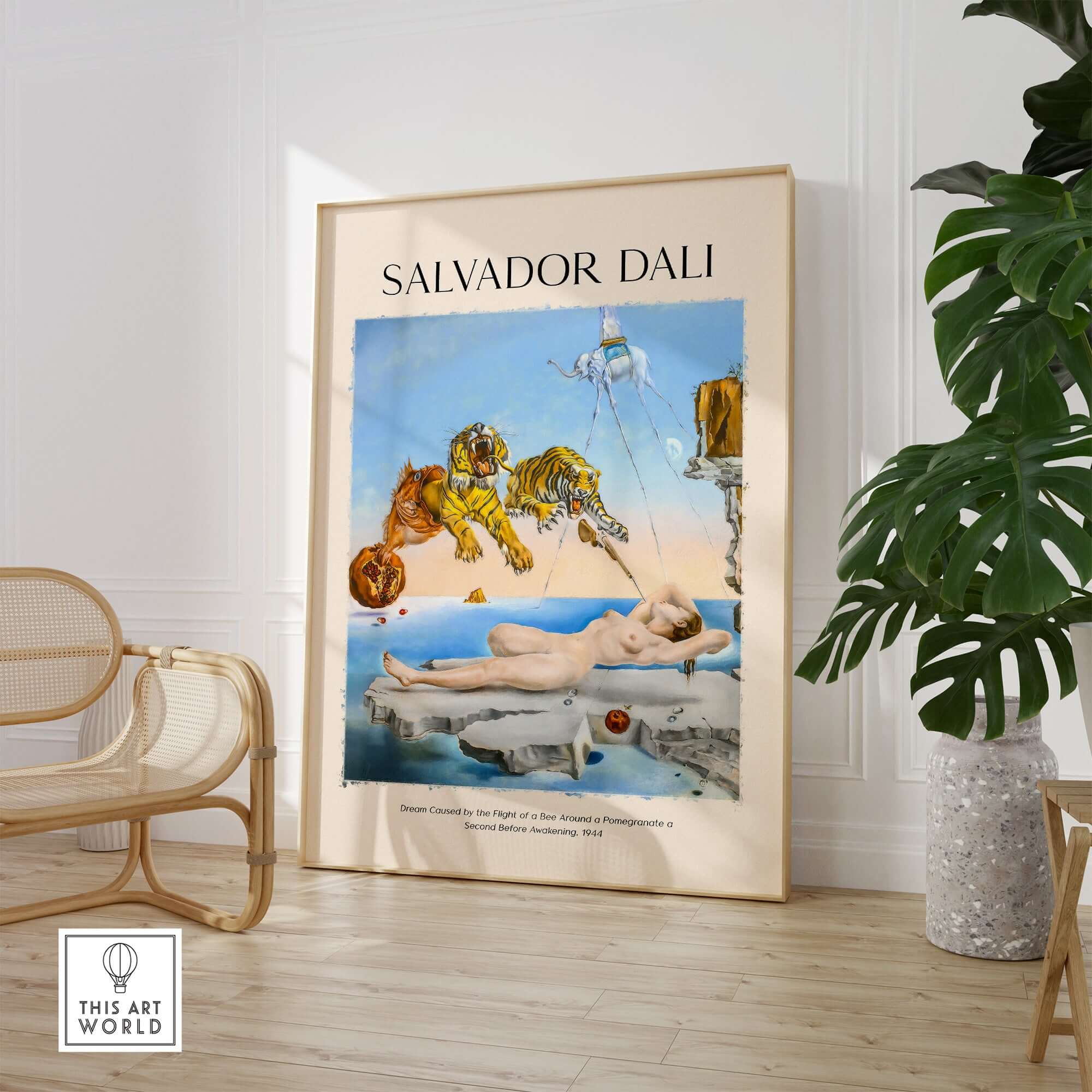 Salvador Dali Dream Caused by the Flight of a Bee Pomegranate Surrealism Art Print Poster Tigers displayed in a modern interior.