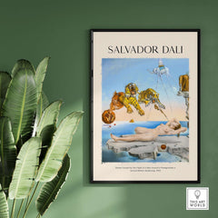 Salvador Dali Dream Caused by the Flight of a Bee Pomegranate Surrealism Art Print Poster Tigers on a wall with plants