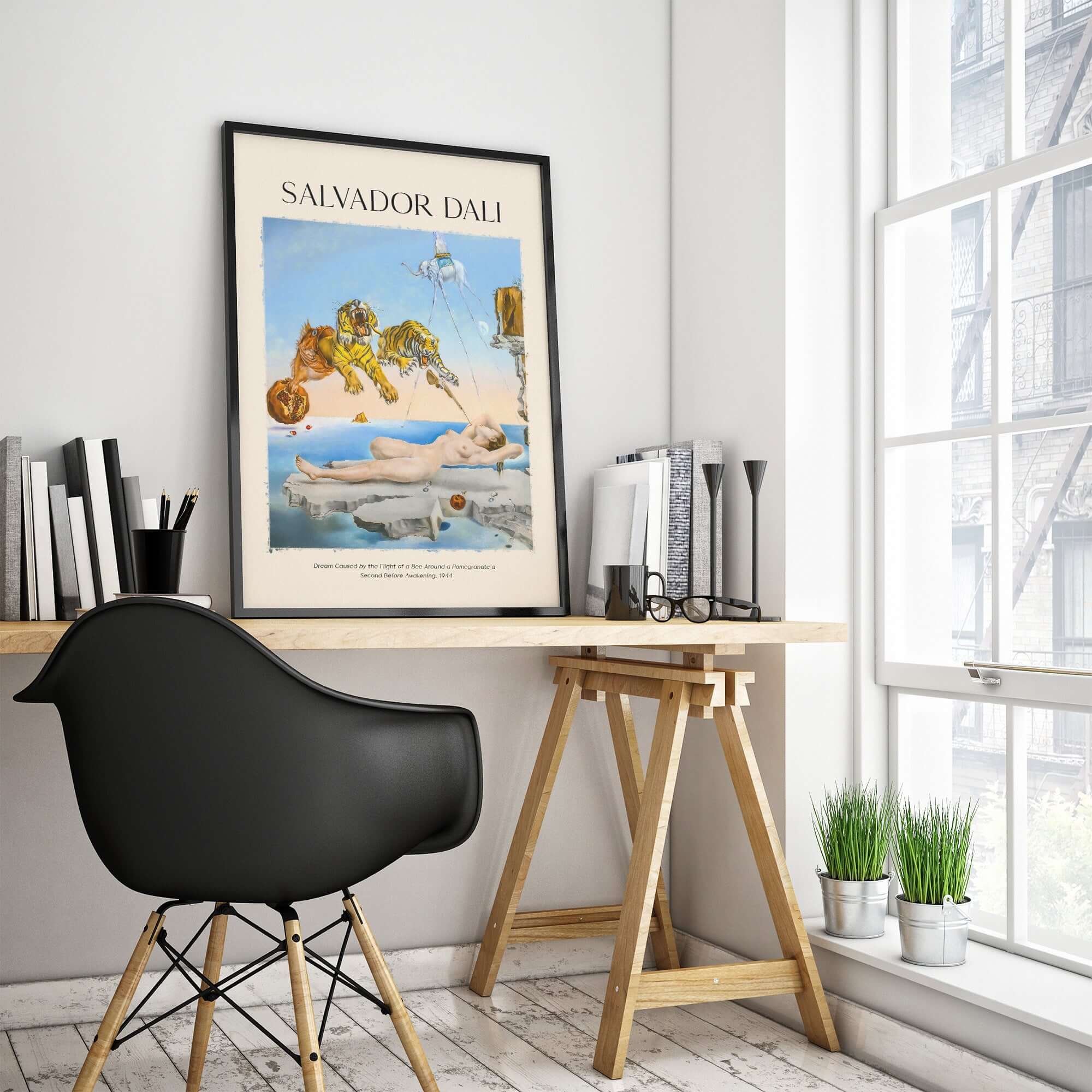 Salvador Dali Dream Caused by the Flight of a Bee Pomegranate Surrealism Art Print Poster Tigers in a modern interior.