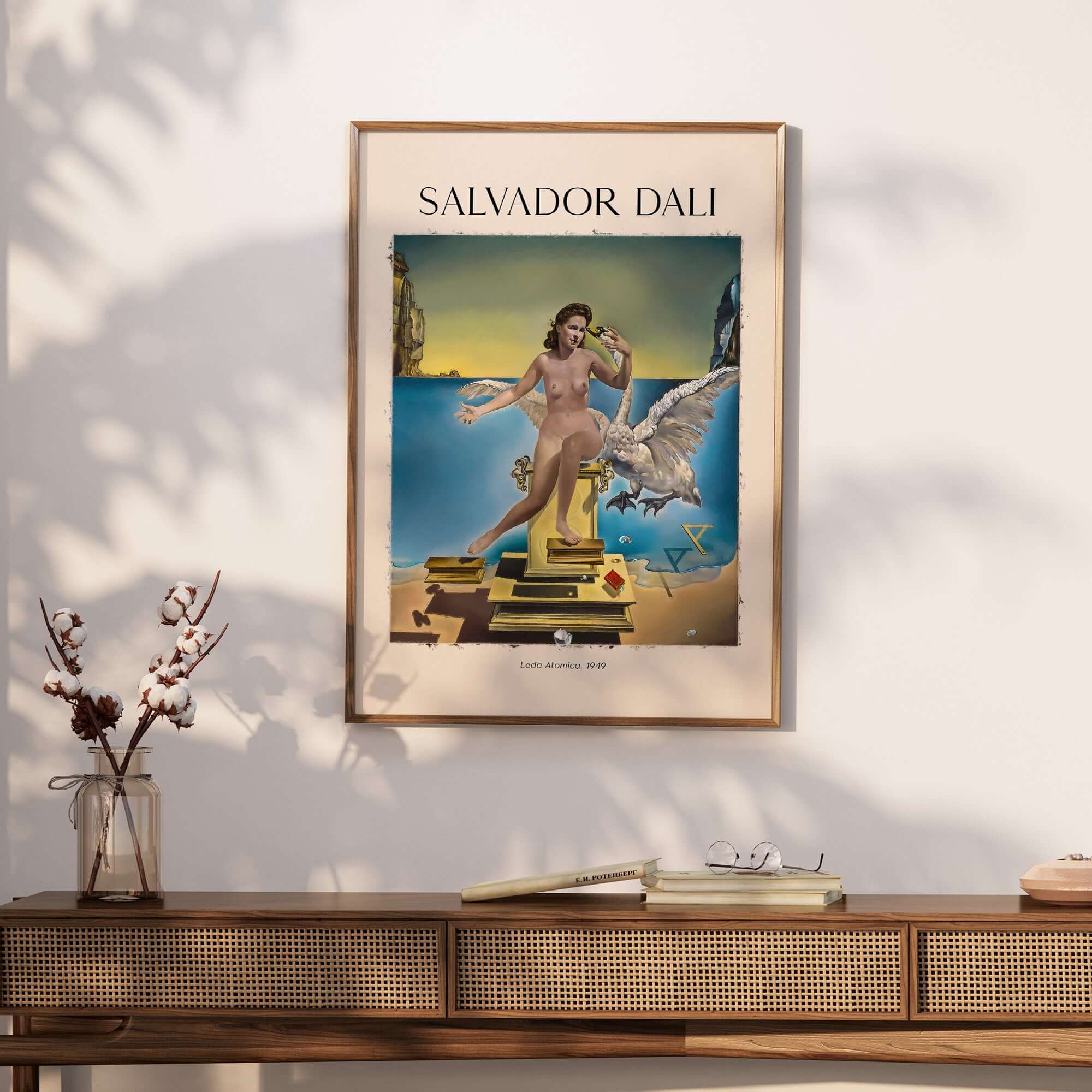Salvador Dali Leda Atomica 1949 Surrealist Mythology Art Print Swan Poster Nuclear Mysticism displayed on a wall.