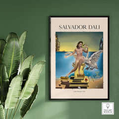 Salvador Dali Leda Atomica 1949 Surrealist Mythology Art Print Swan Poster Nuclear Mysticism on green wall with plants.