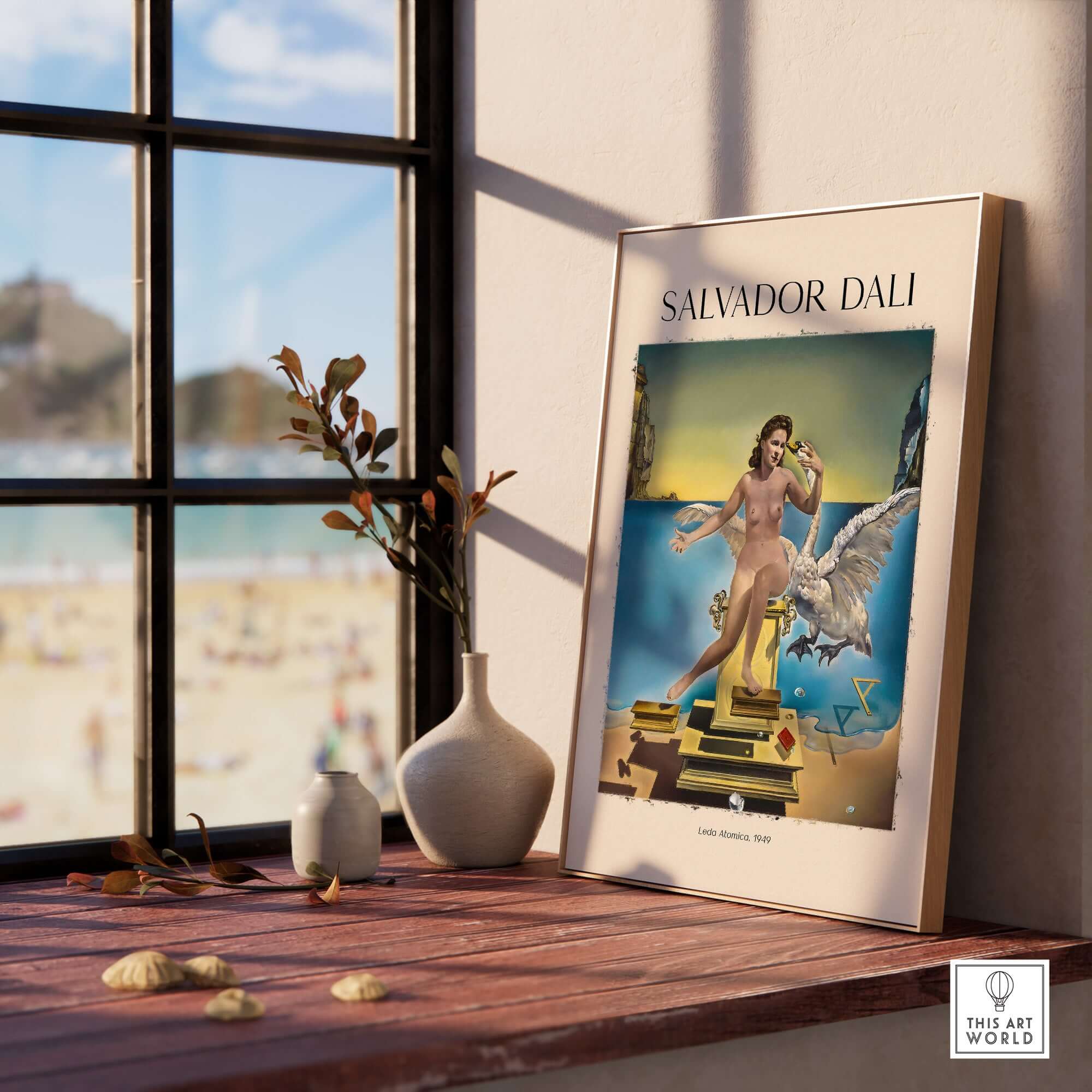 Salvador Dali Leda Atomica 1949 Surrealist Mythology Art Print Swan Poster Nuclear Mysticism displayed in a sunlit room.